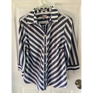 Chico's Blue White Stripe No Iron Stain Shield Top Blouse Women Size 4/6